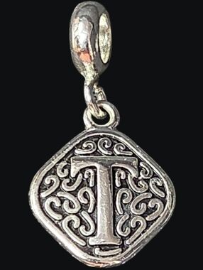 Dangle Initial 'T' Silver-Tone Letter Charm Pendant
